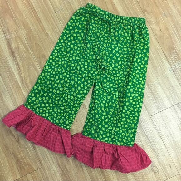 Boutique Girls Pants Sz 3 4 Green Floral Red Christmas Trees Snowflakes Ruffles - Picture 4 of 5